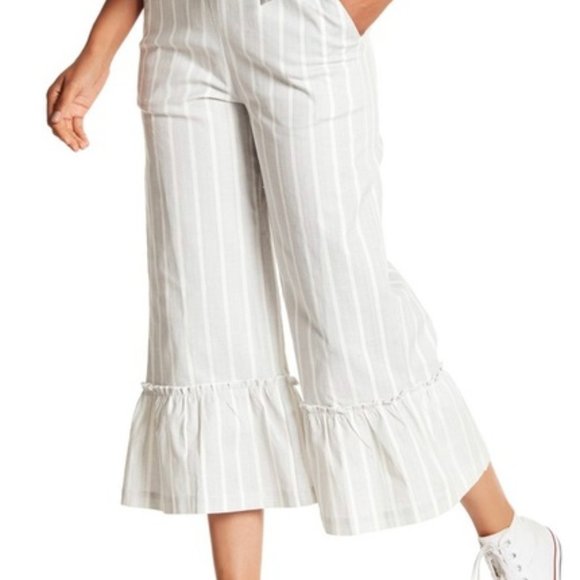 English Factory Gray Striped Ruffle Cropped Bell Bottom Linen Pants - XS - Picture 1 of 12